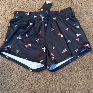 Adidas Kids girls size M 10-12 Black Shorts with Colorful Geometric Pattern NWT